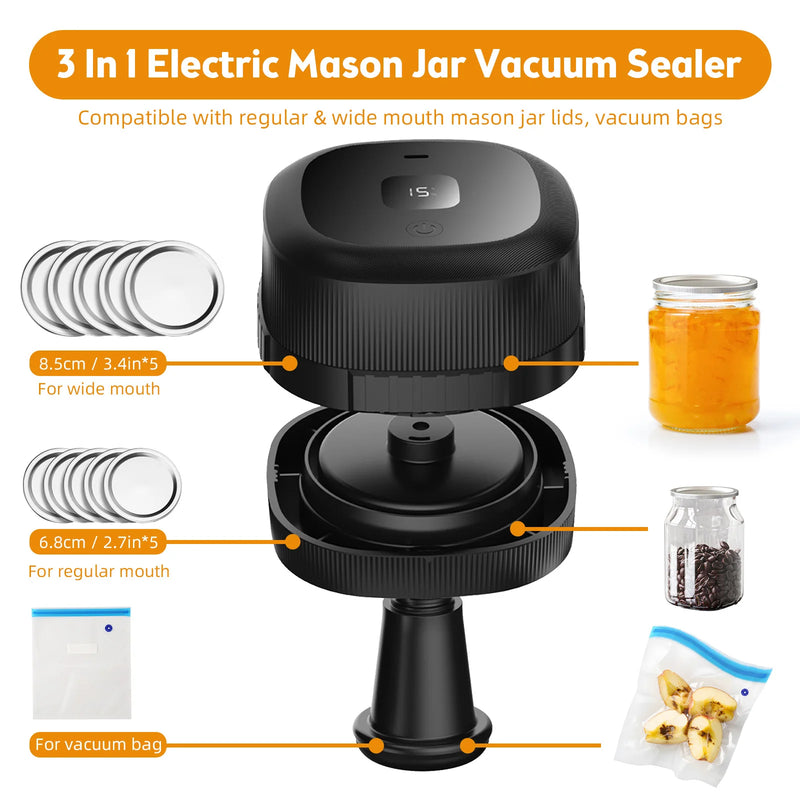 Electric Mason Jar Vacuum Sealer 60KPa Strong Suction Vacuum Sealing Machine Cordless Sealer for Food Storage Fermentation - likehome